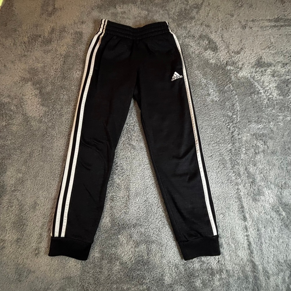 Adidas Youth Boys Medium 10/12 Black Fleece Track Pants 3-Stripe Joggers